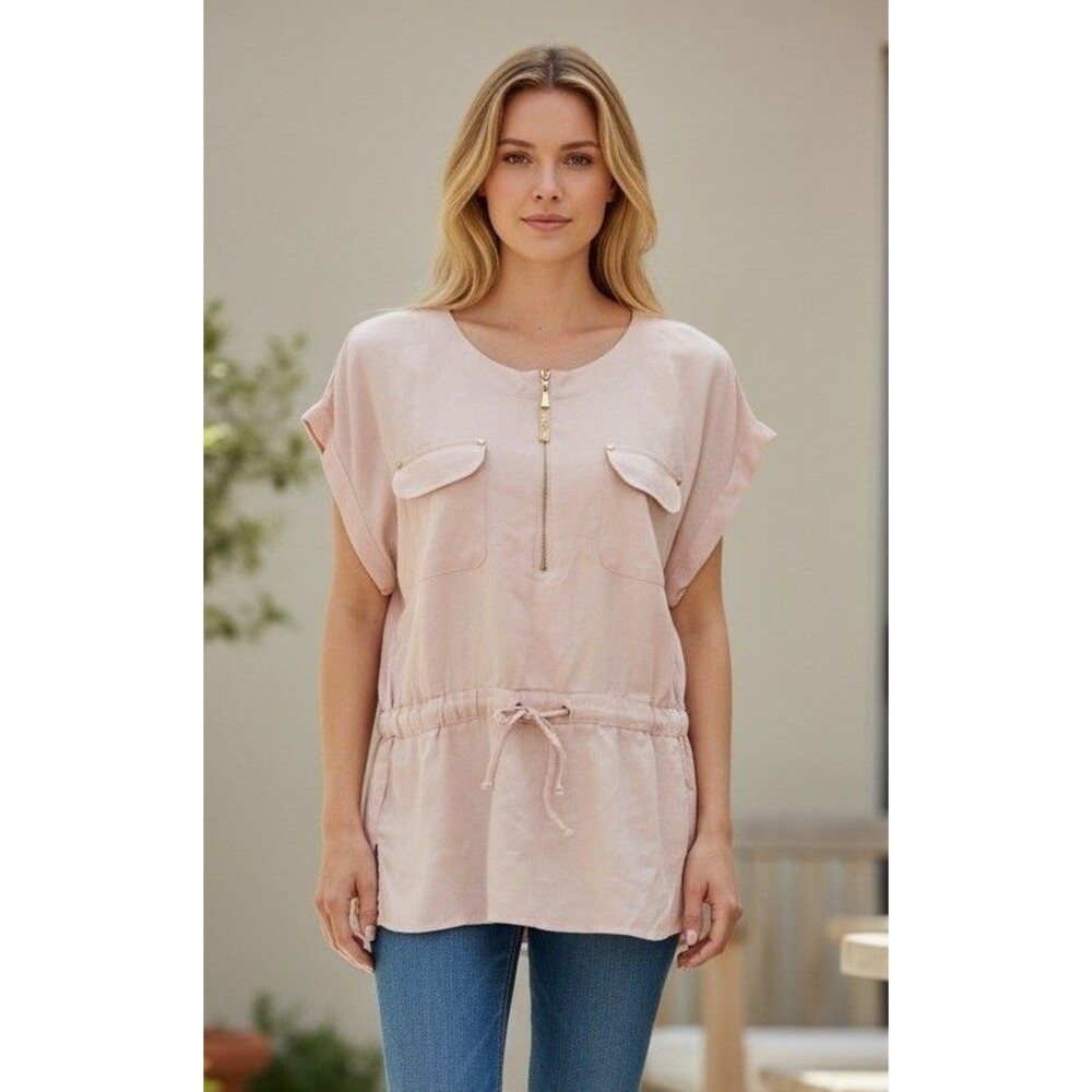 Ellen Tracy Top Pink Linen Gold Tassel Zipper Drawstring Waist Womens Size L